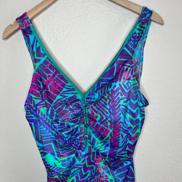 Vintage Maxine Of Hollywood One-Piece Blue Geometric V-Neck Swimsuit - Picture 3 of 9